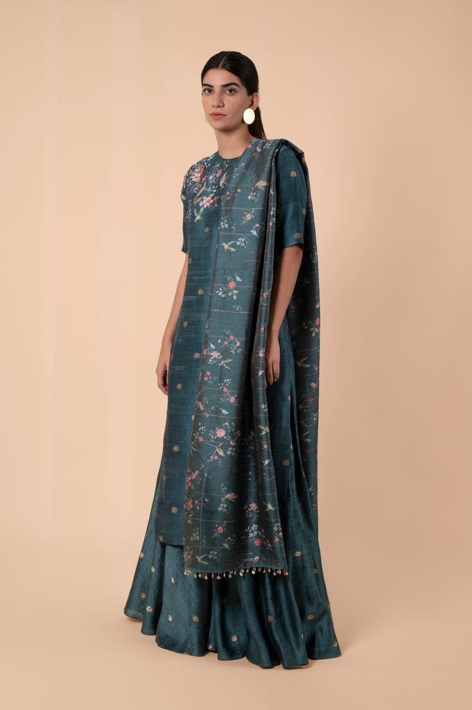 Handwoven Teal Digital Printed Silk Suit