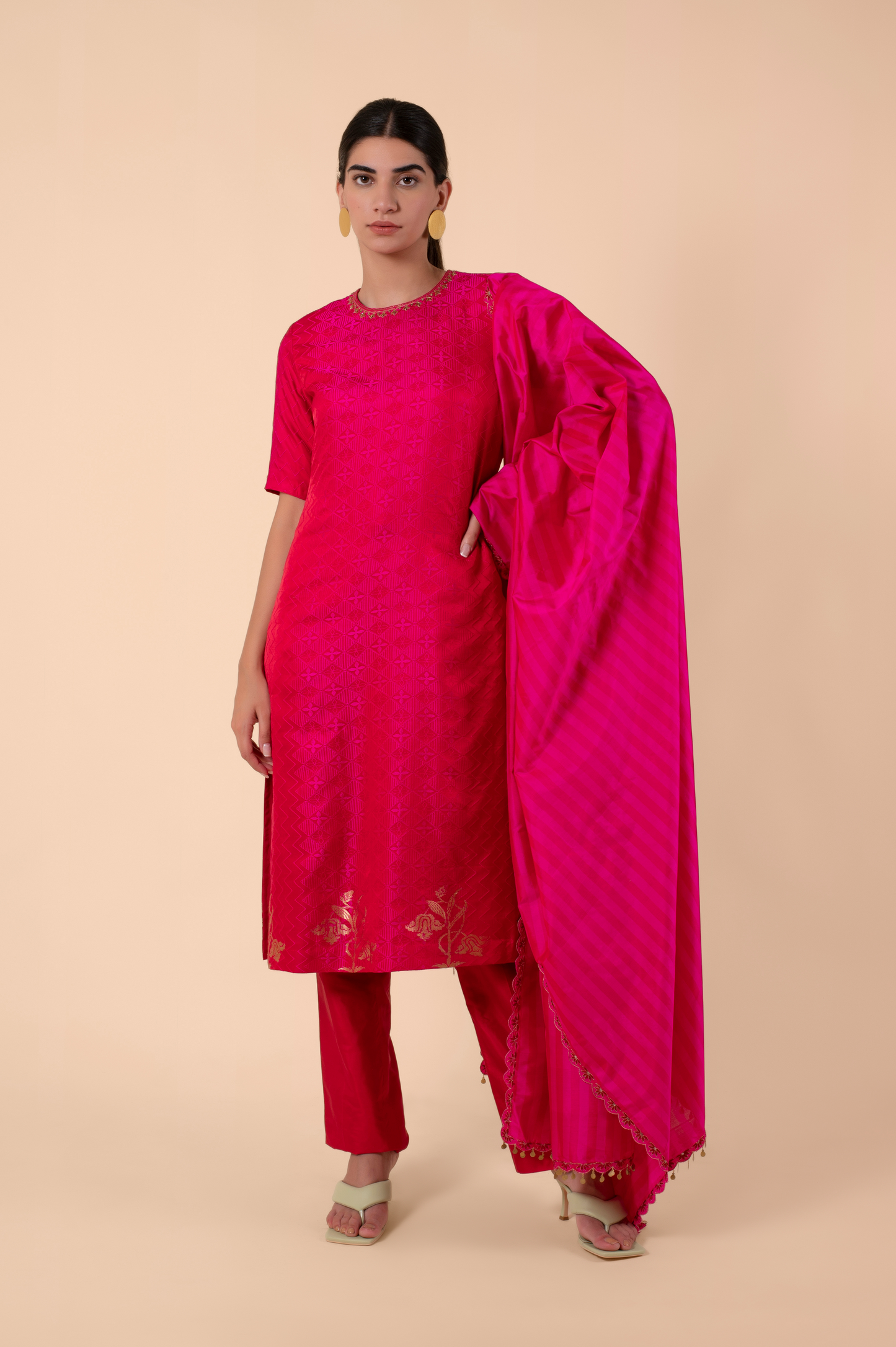 Handwoven Pink Silk Kurta