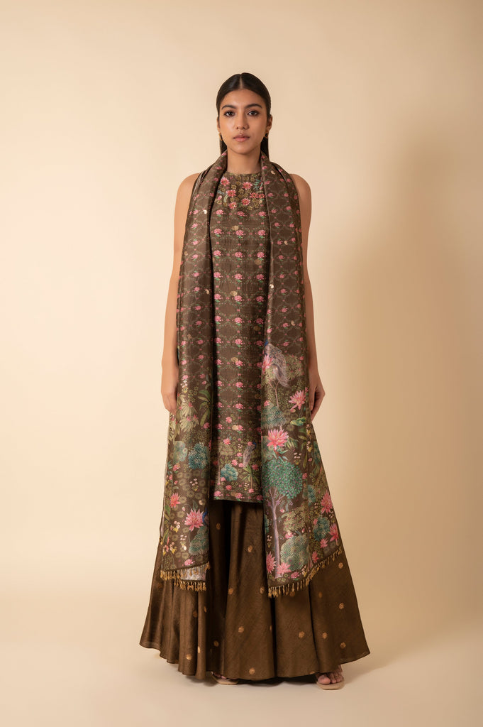 Handwoven Olive Green Digital Printed Silk Suit