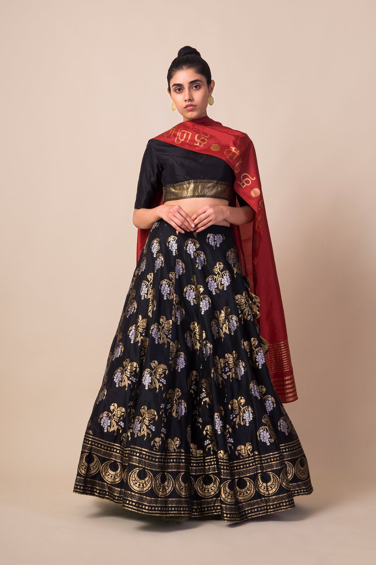 Handwoven Black Silk Lehenga Set with Cherry Blossom Motifs