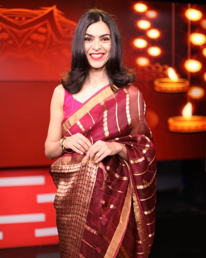 Shereen Bhan in Handwoven Wine and Brown Organza Sari