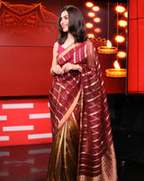Shereen Bhan in Handwoven Wine and Brown Organza Sari
