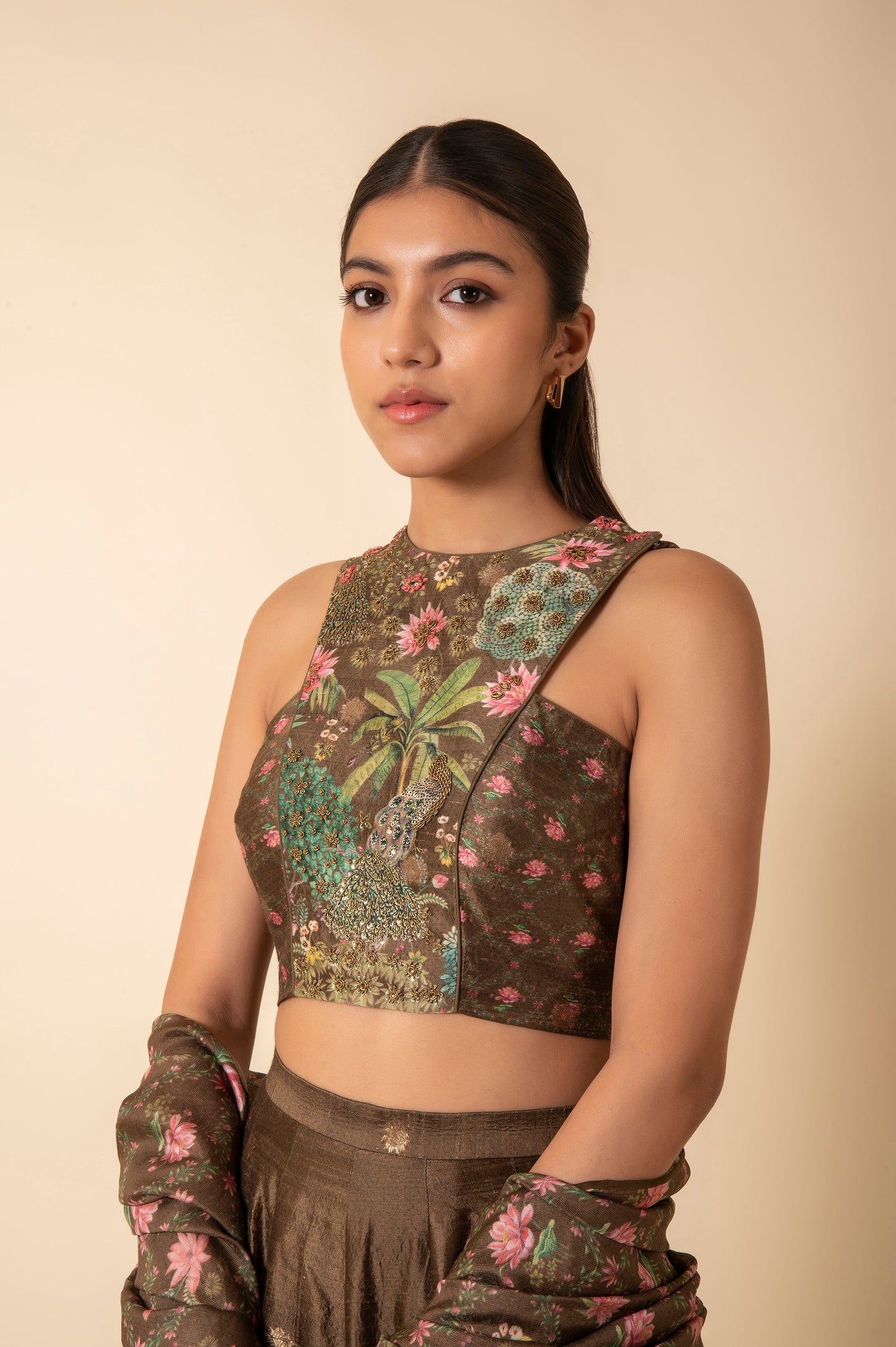 Handwoven Olive Green Digital Printed Silk Lehenga