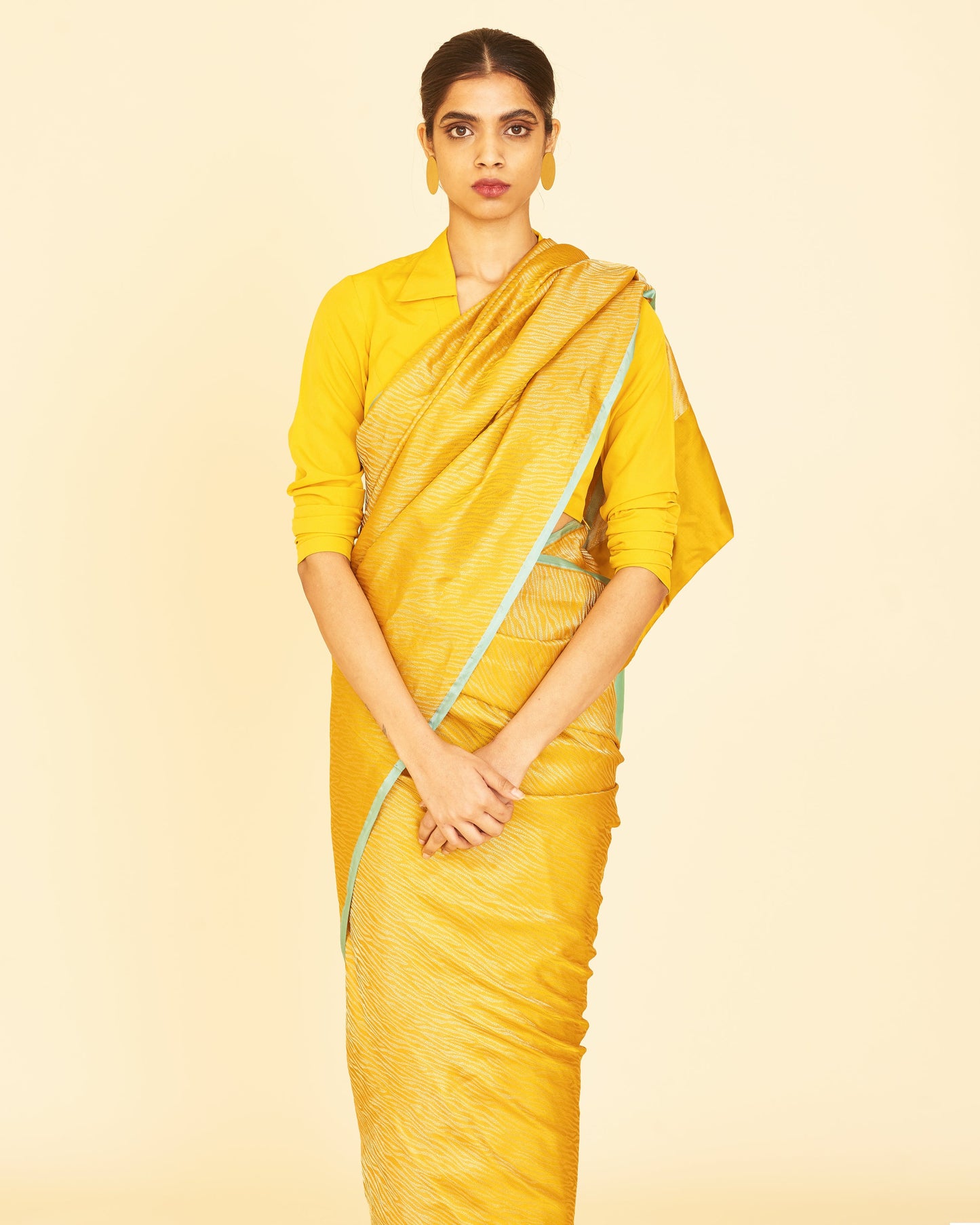 Handwoven Mustard Satin Silk Sari