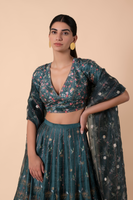 Handwoven Teal Digital Printed Silk Lehenga