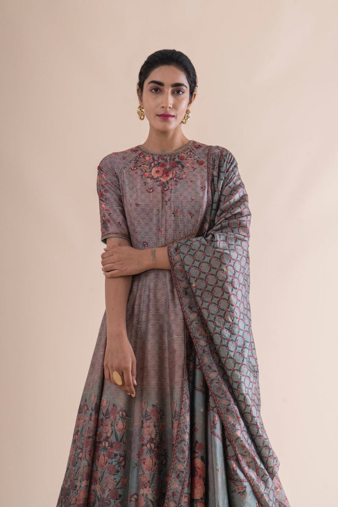 Handwoven stone grey Silk Anarkali Suit and churidar with dupatta