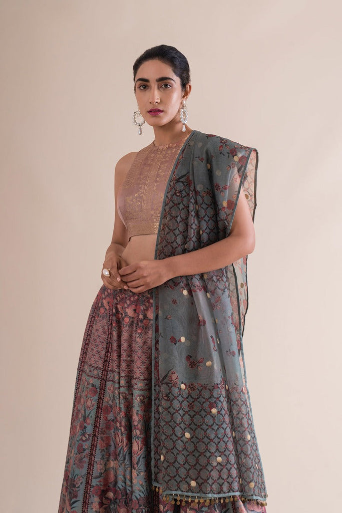 Handwoven Mint Digital Printed Silk Lehenga