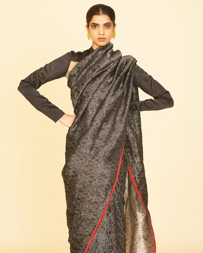 Handwoven Black Satin Silk Sari