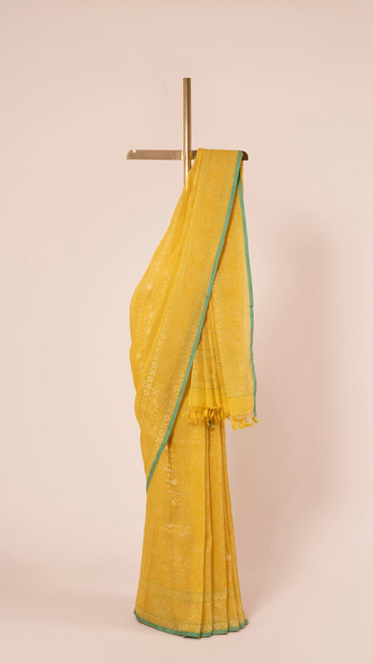 Handwoven Yellow Real Zari Cotton Sari