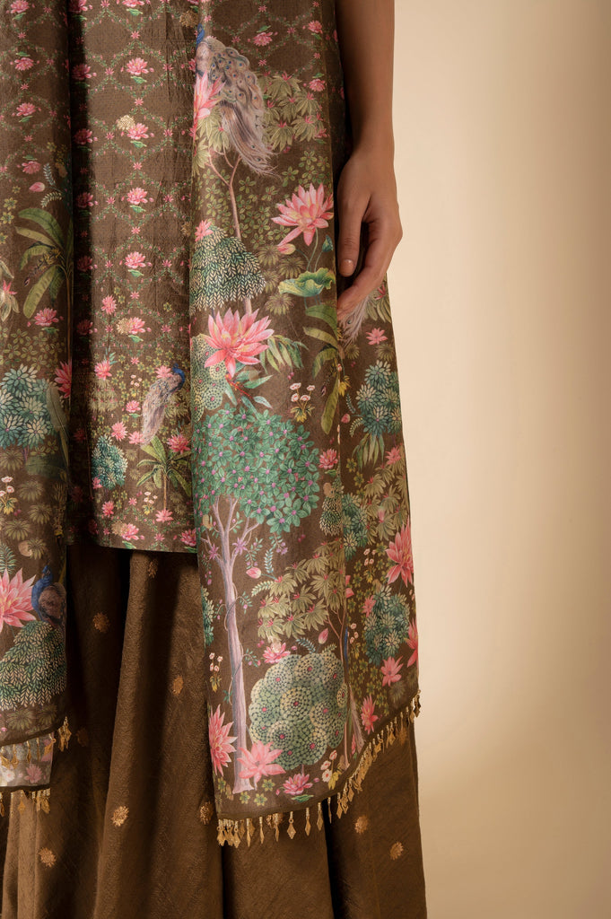 Handwoven Olive Green Digital Printed Silk Suit