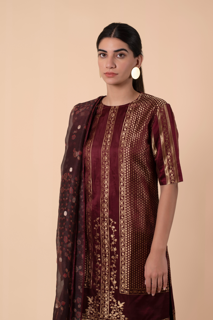 Handwoven Maroon Silk Suit
