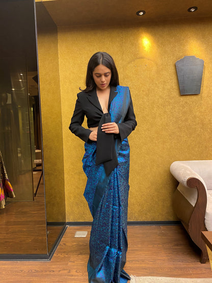 Handwoven Blue Satin Silk Sari