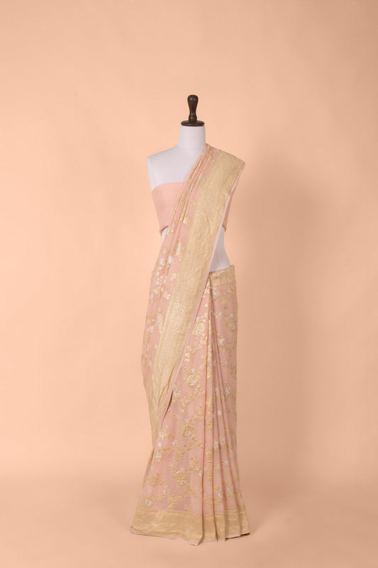 Handwoven Peach Georgette Sari