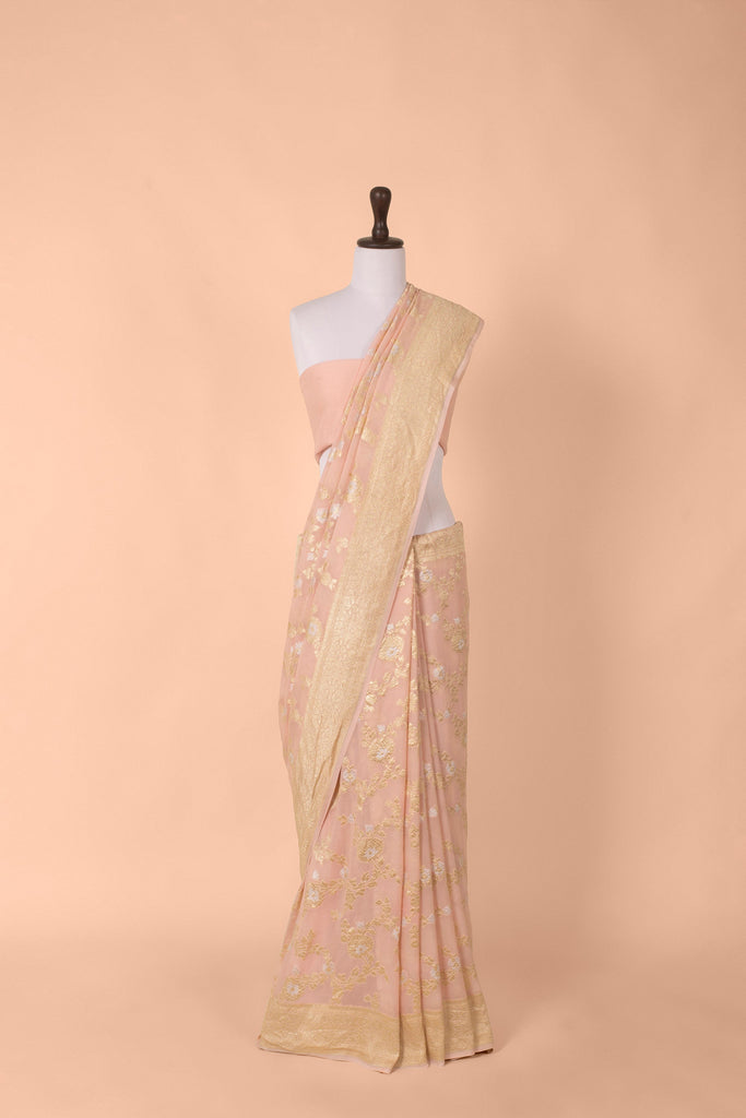 Handwoven Peach Georgette Sari