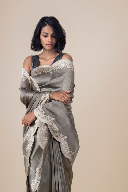 Samantha In Handwoven Slate Grey Tissue Silk Sari