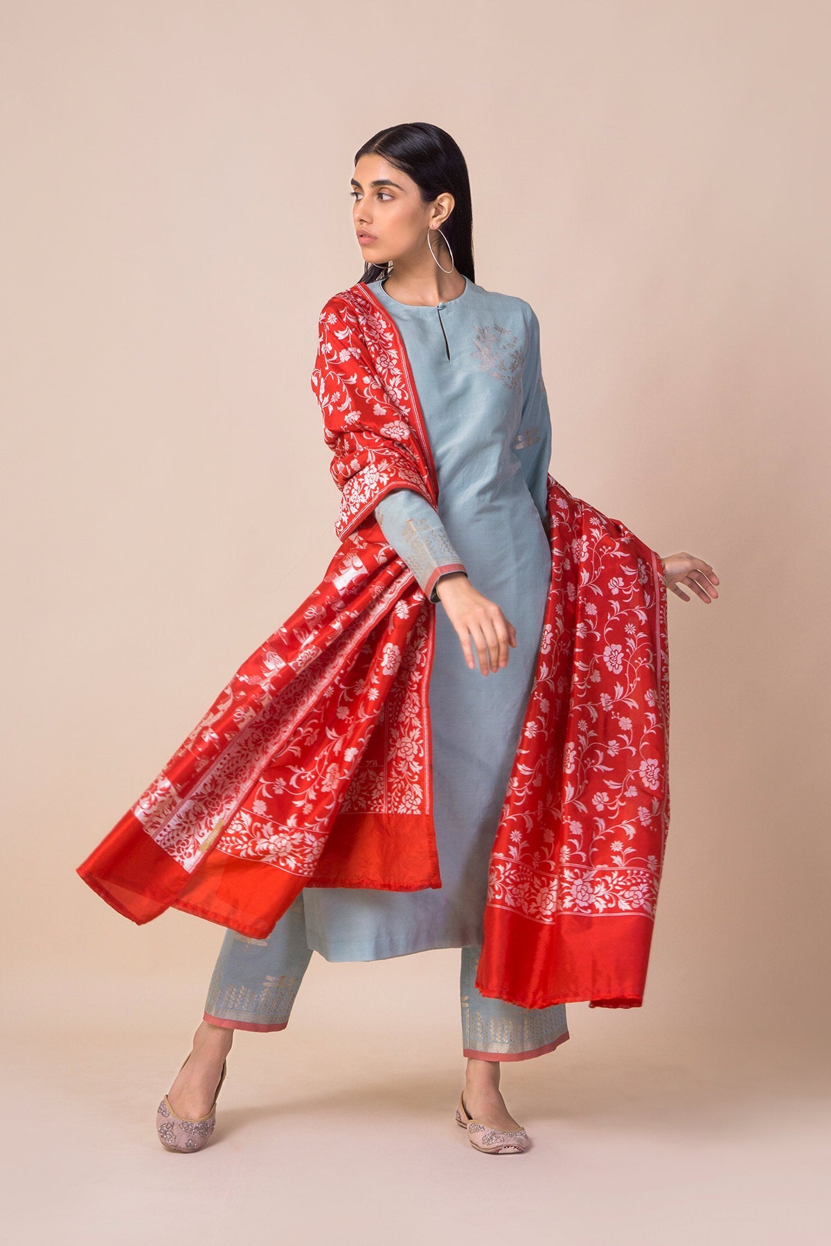 Handwoven Parsi Gara Red Silk Dupatta By Ashdeen L. For Ekaya