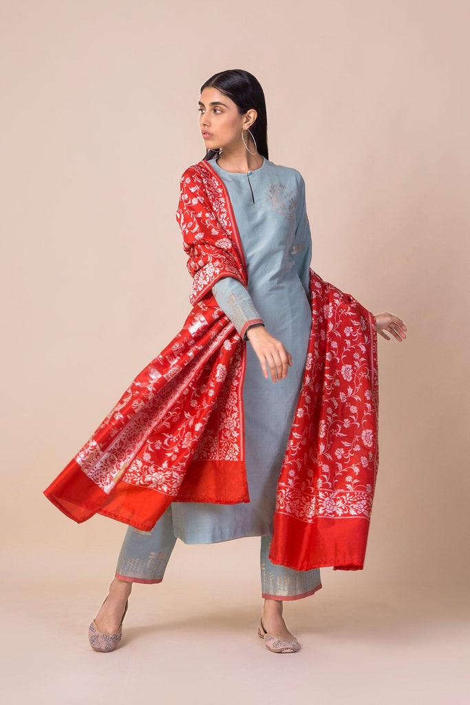 Handwoven Parsi Gara Red Silk Dupatta By Ashdeen L. For Ekaya