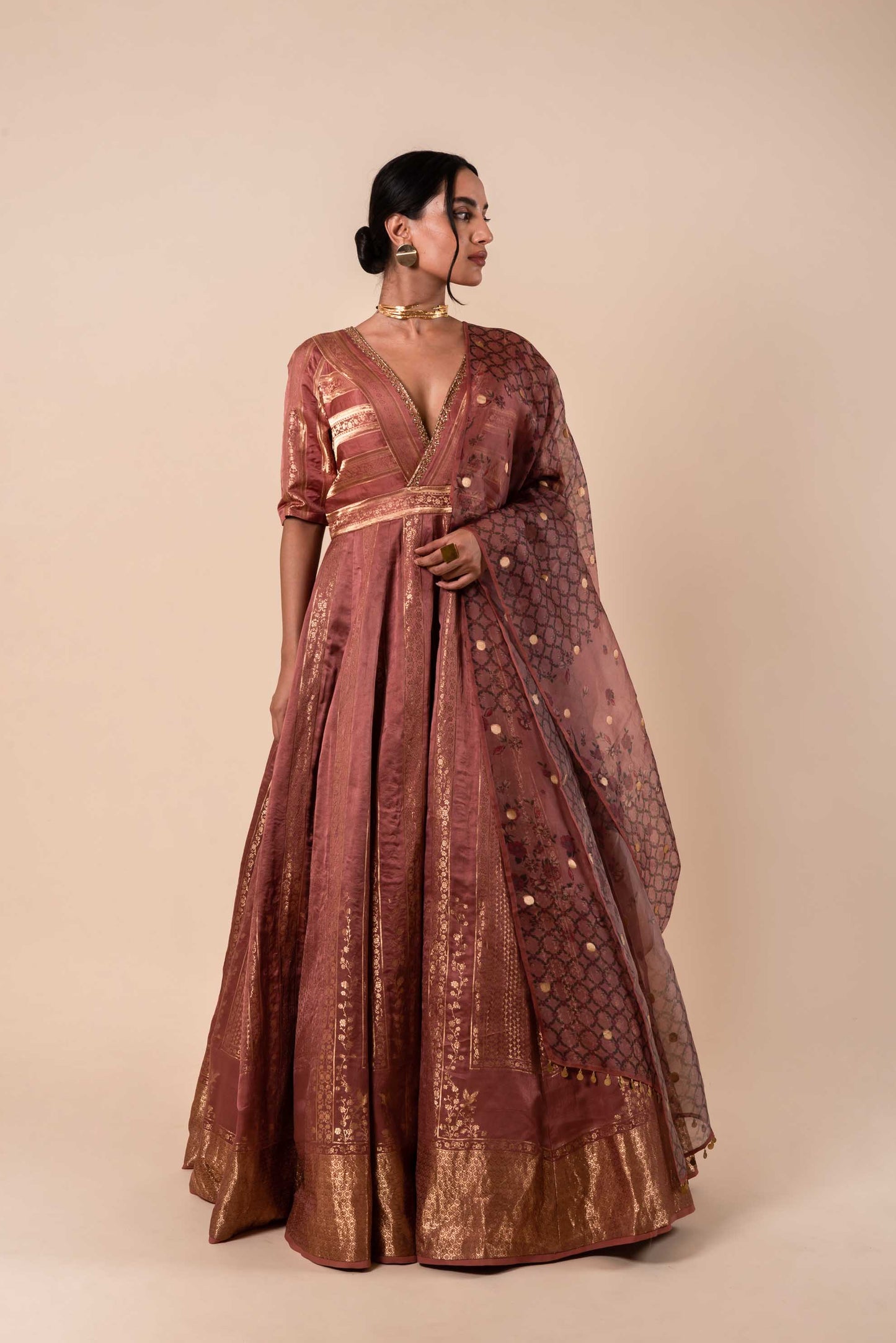 Handwoven Pink Silk Anarkali and Churidar