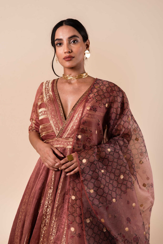 Handwoven Pink Silk Anarkali and Churidar