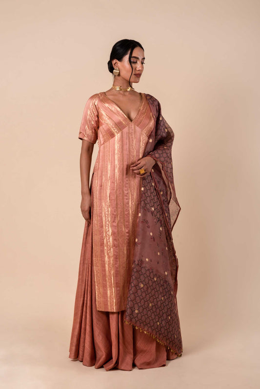 Handwoven Pink Silk Kurta and Palazzo Set