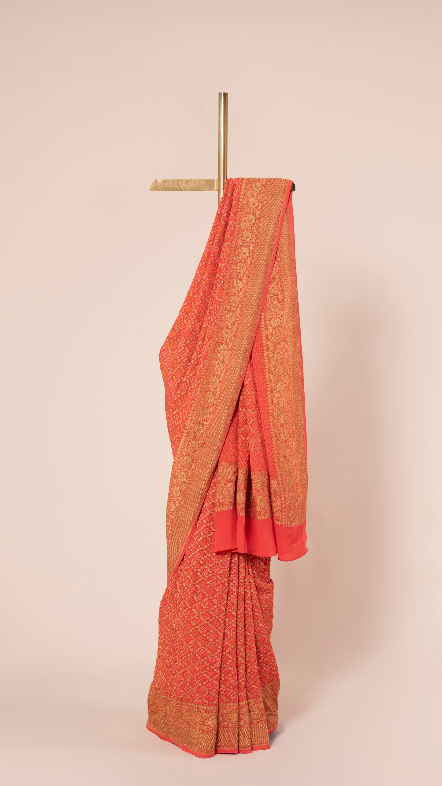 Handwoven Orange Real Zari  Bandhani Saree