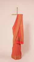 Handwoven Orange Real Zari  Bandhani Saree