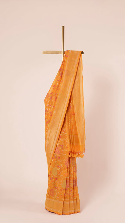 Handwoven Tangerine Real Zari Cotton Sari