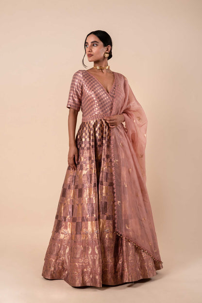 Handwoven Pink Silk Anarkali and Churidar