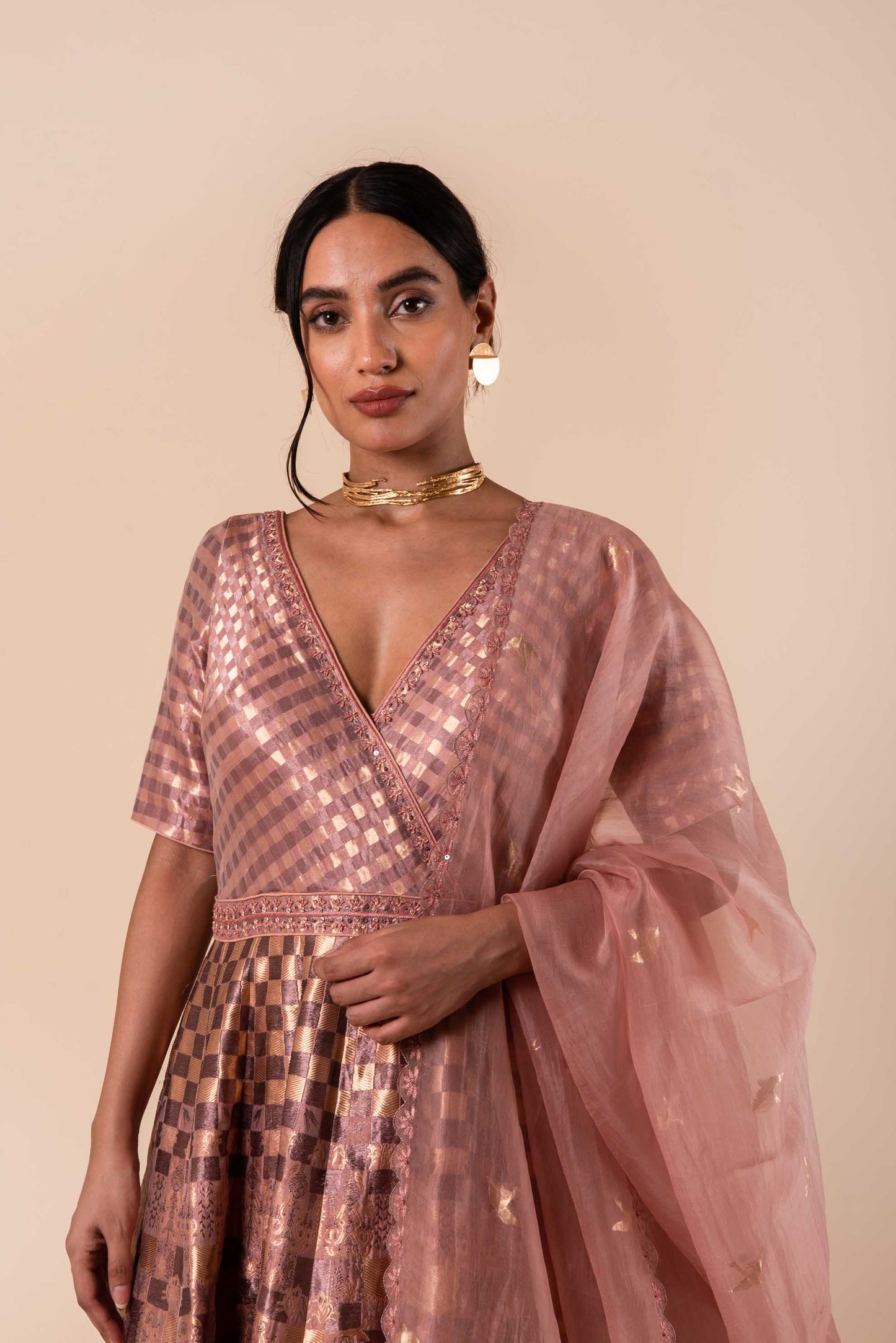 Handwoven Pink Silk Anarkali and Churidar