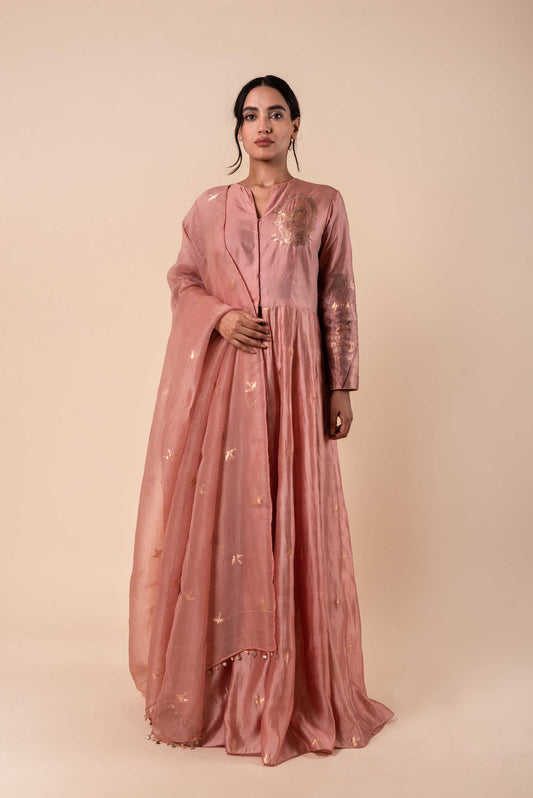 Handwoven Pink Silk Anarkali and Churidar with Dupatta