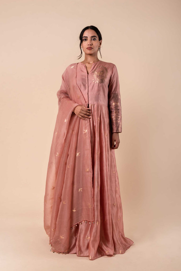 Handwoven Pink Silk Anarkali and Churidar with Dupatta