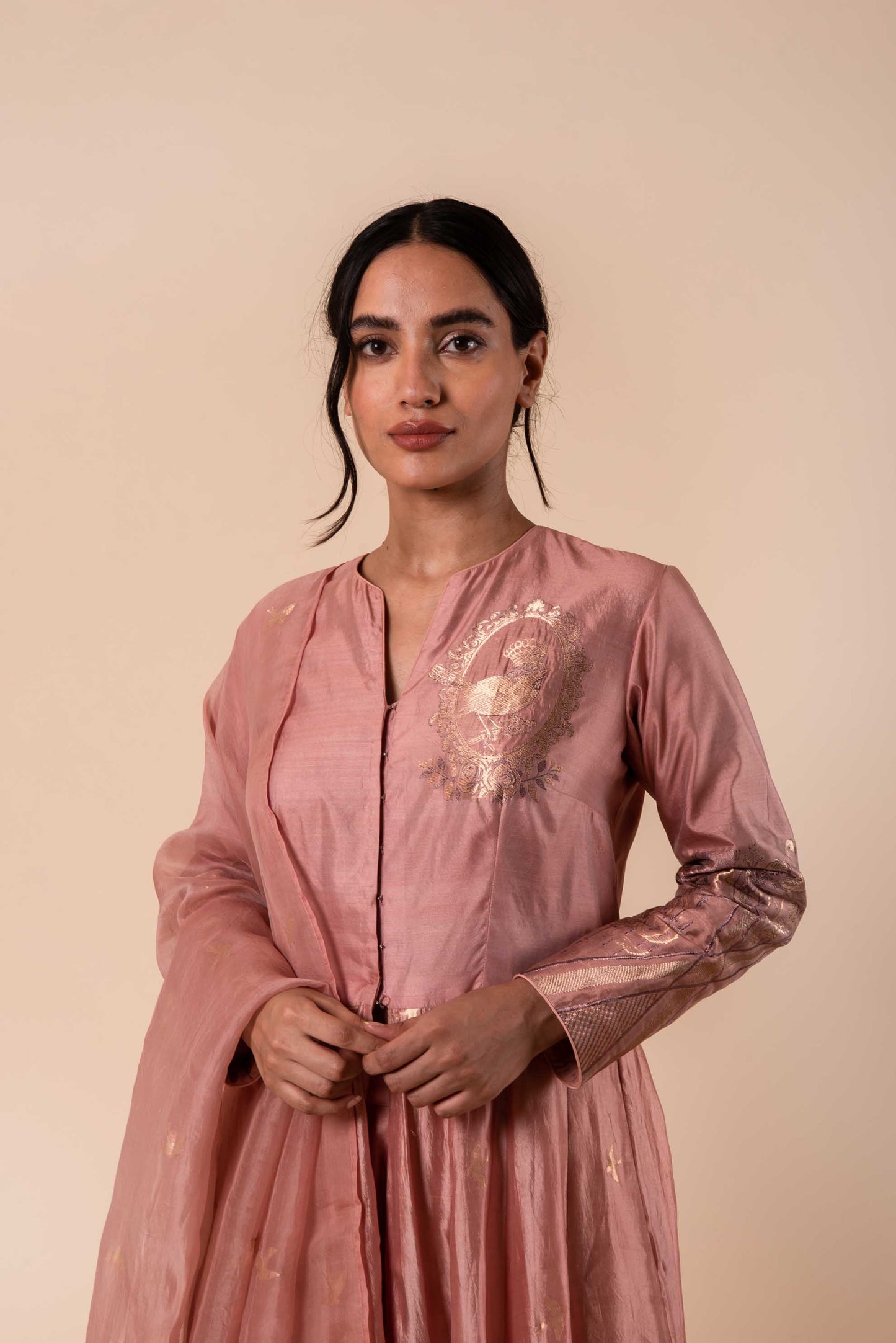 Handwoven Pink Silk Anarkali and Churidar with Dupatta