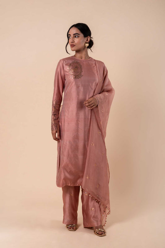 Handwoven Pink Silk Kurta and Pants