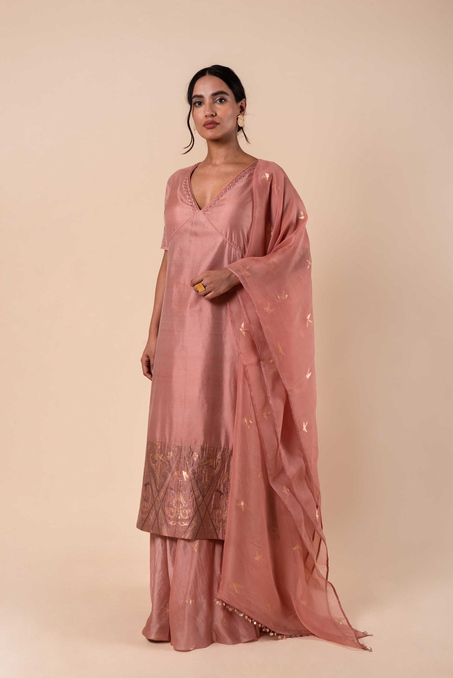 Handwoven Pink Silk Kurta and Palazzo