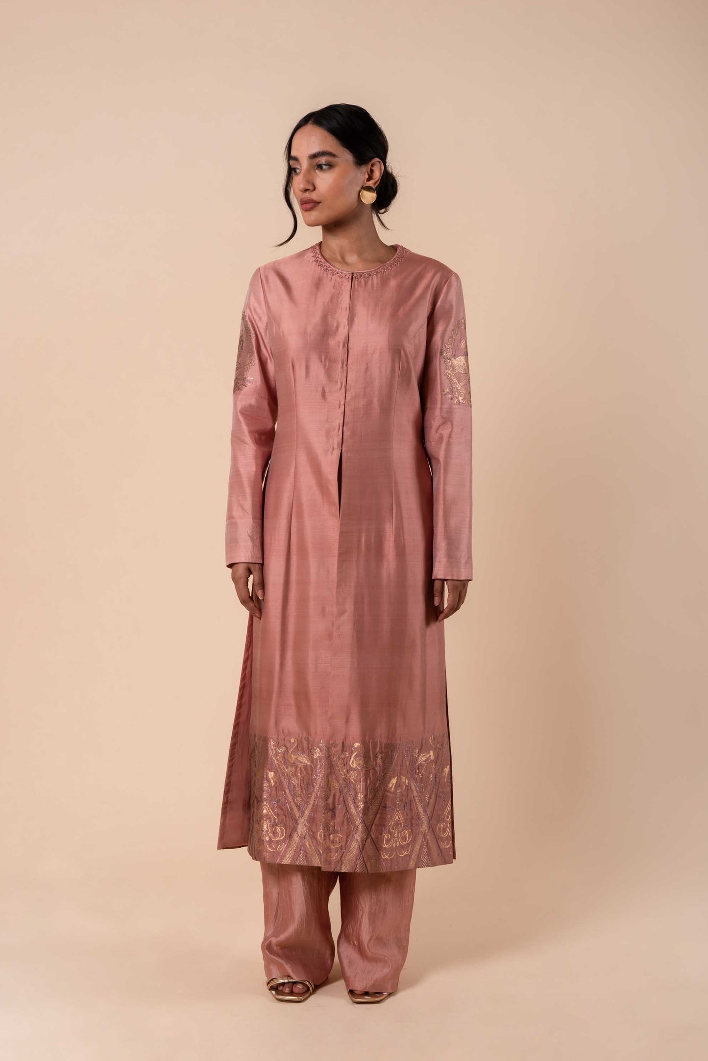 Handwoven Pink Silk Kurta with Pants