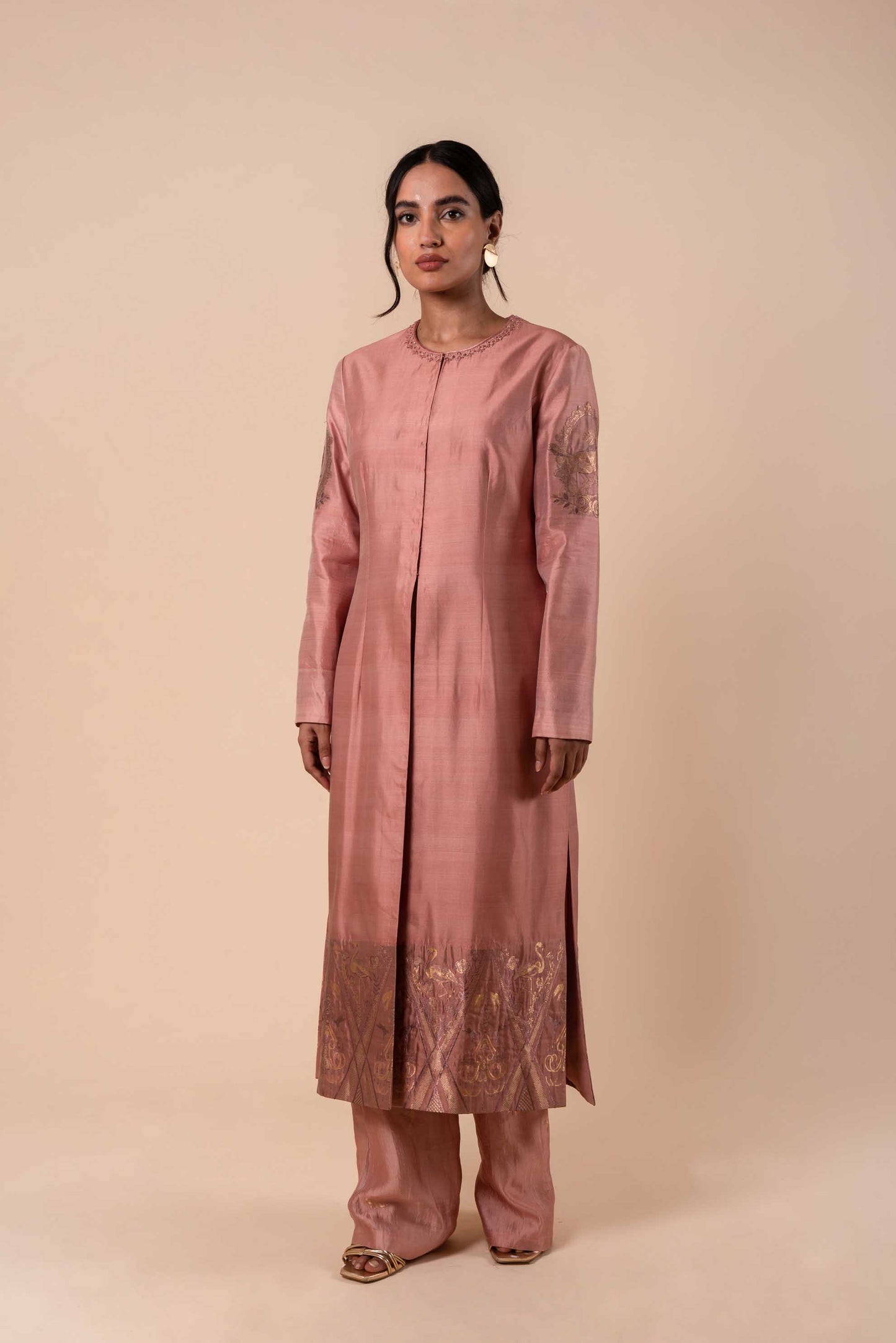 Handwoven Pink Silk Kurta with Pants