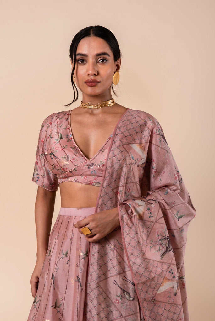 Handwoven Digital Printed Pink Silk Lehenga
