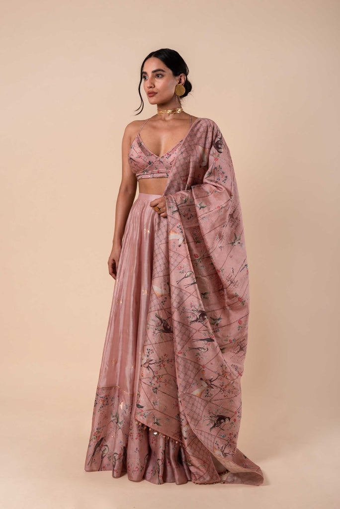 Handwoven Digital Printed Pink Silk Lehenga
