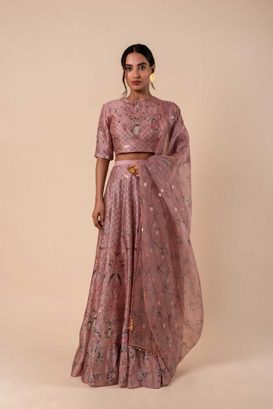 Handwoven Digital Printed Pink Silk Lehenga