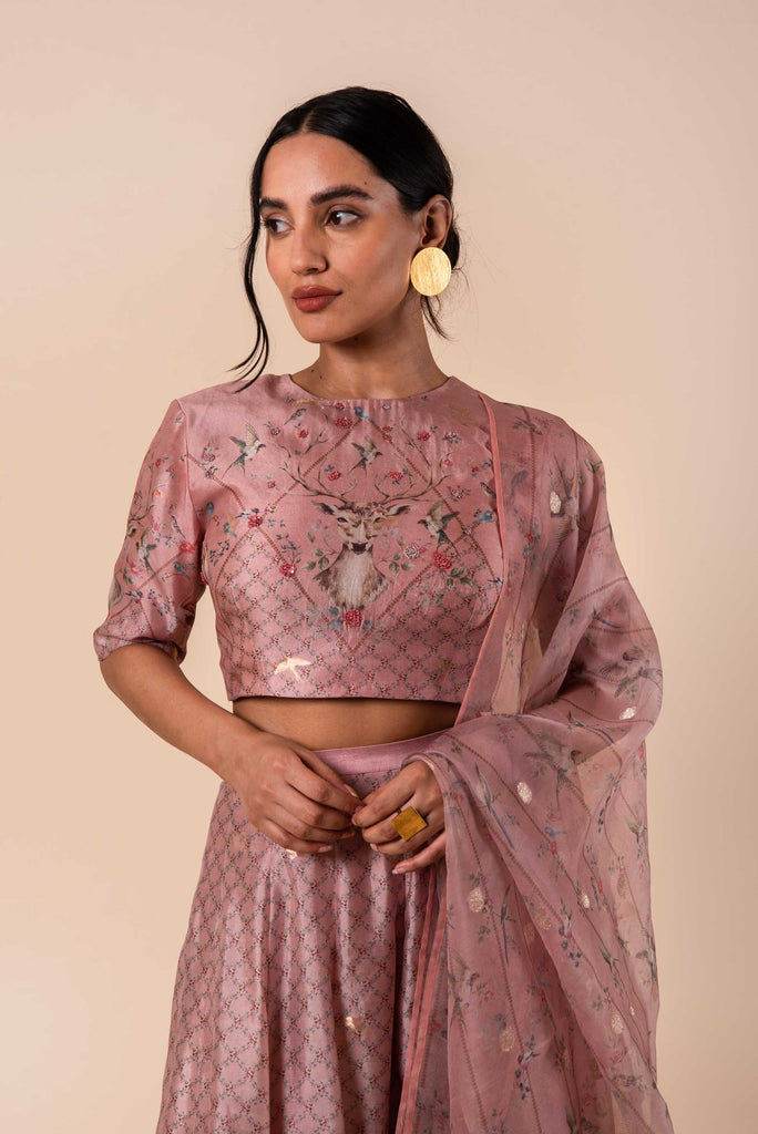 Handwoven Digital Printed Pink Silk Lehenga