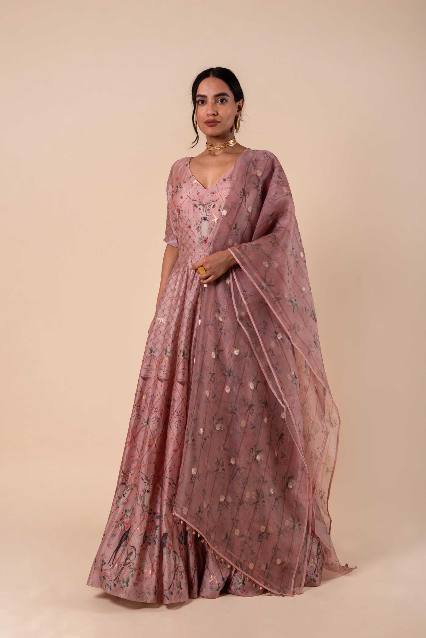 Handwoven Digital Printed Pink Silk Anarkali and Churidar