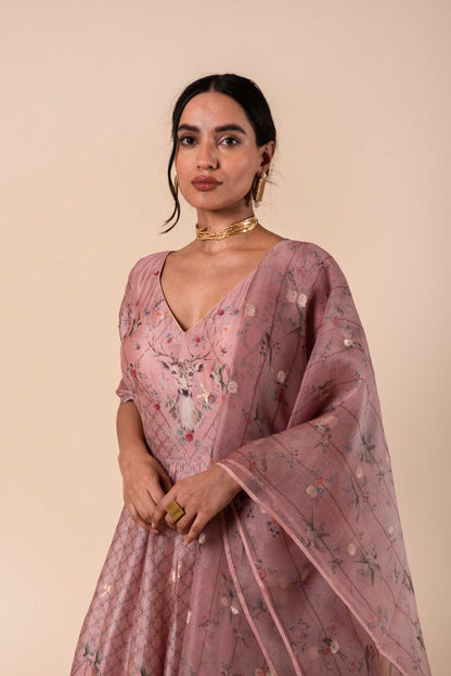 Handwoven Digital Printed Pink Silk Anarkali and Churidar