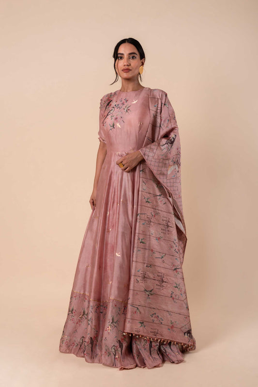 Handwoven Digital Printed Pink Silk Anarkali and Churidar