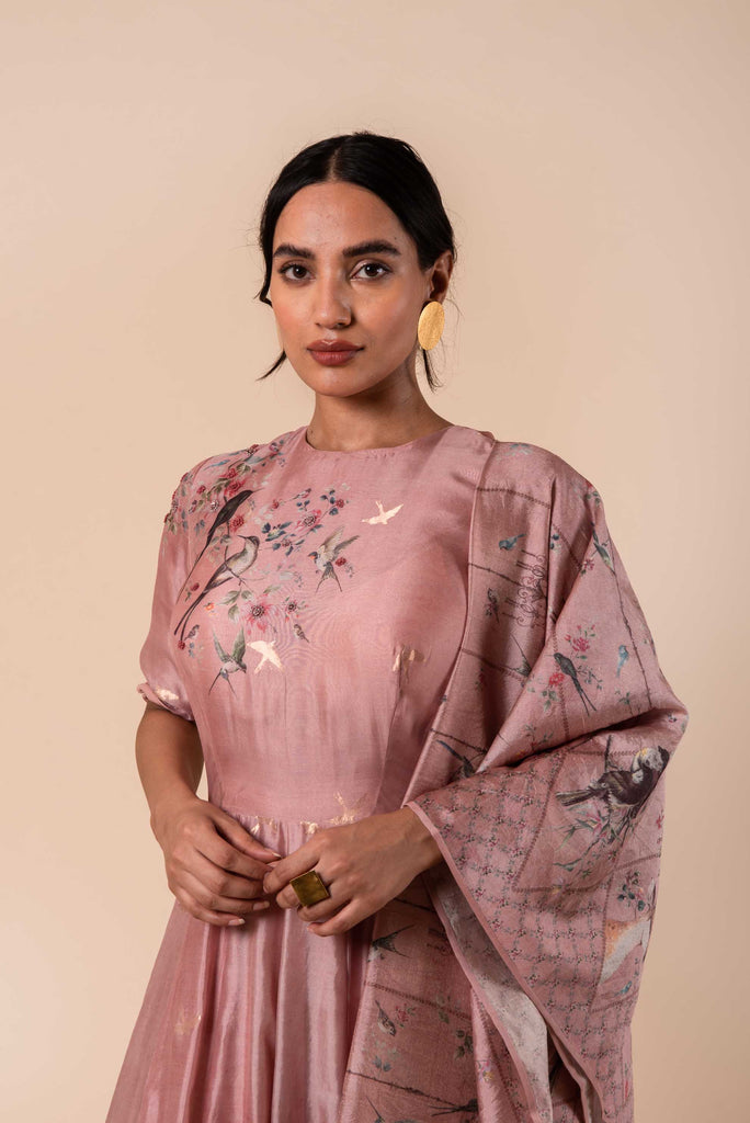 Handwoven Digital Printed Pink Silk Anarkali and Churidar