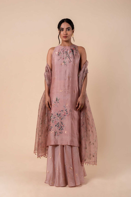 Handwoven Digital Printed  Pink Silk Kurta and Palazzo