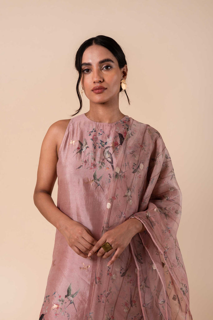 Handwoven Digital Printed  Pink Silk Kurta and Palazzo