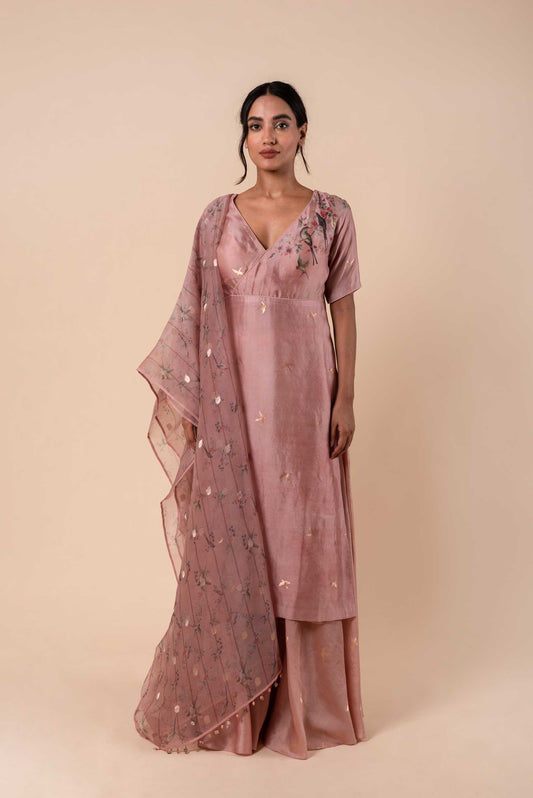 Handwoven Digital Printed Pink Silk Kurta and Palazzo