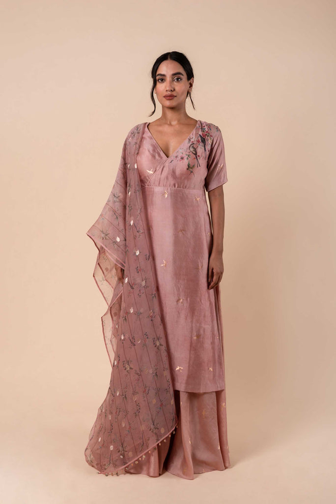 Handwoven Digital Printed Pink Silk Kurta and Palazzo