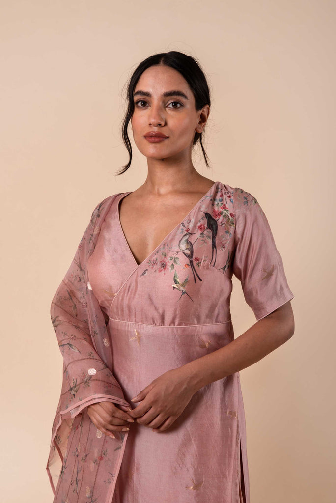 Handwoven Digital Printed Pink Silk Kurta and Palazzo