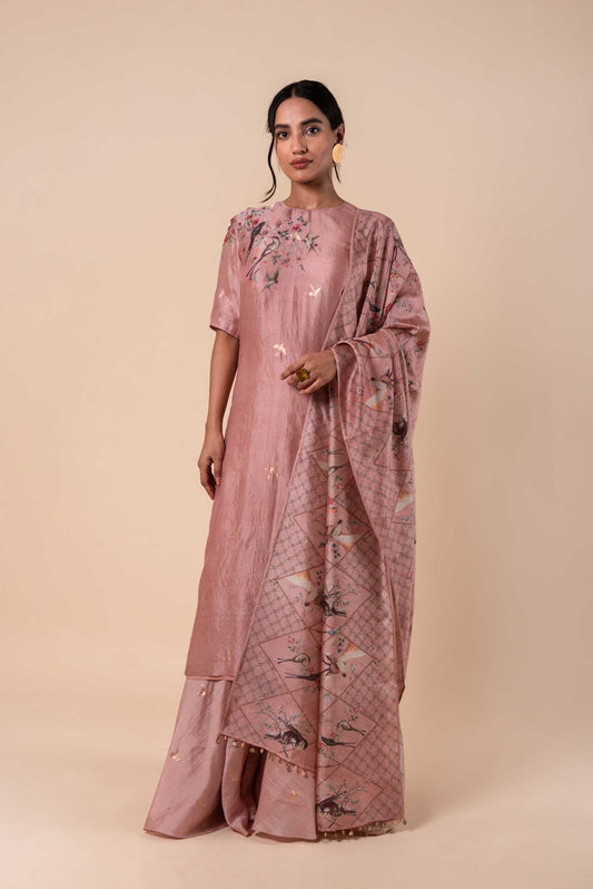 Handwoven Digital Printed Pink Silk Kurta and Palazzo